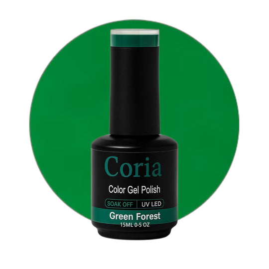 Ojă semipermanentă Coria Green Forest 23, flacon 15 ml pe fundal verde
