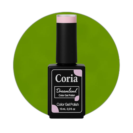 Ojă semipermanentă Coria Dreamland 008, flacon 15 ml pe fundal verde