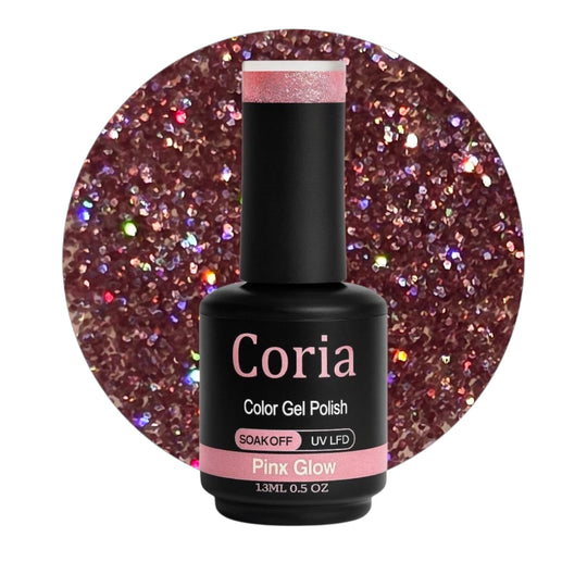 Ojă semipermanentă Coria Pink Glow 177 – roz-arămiu cu sclipici, flacon 15 ml