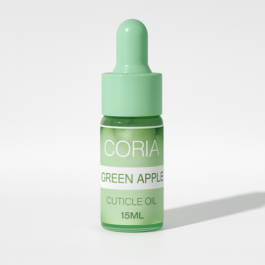 Ulei pentru cuticule Coria Green Apple 15 ml – flacon cu pipetă, etichetă verde