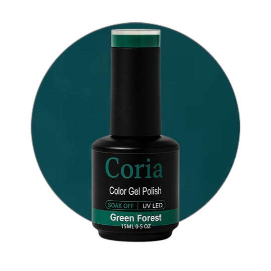 Ojă semipermanentă Coria Green Forest 16, flacon 15 ml pe fundal verde-petrol
