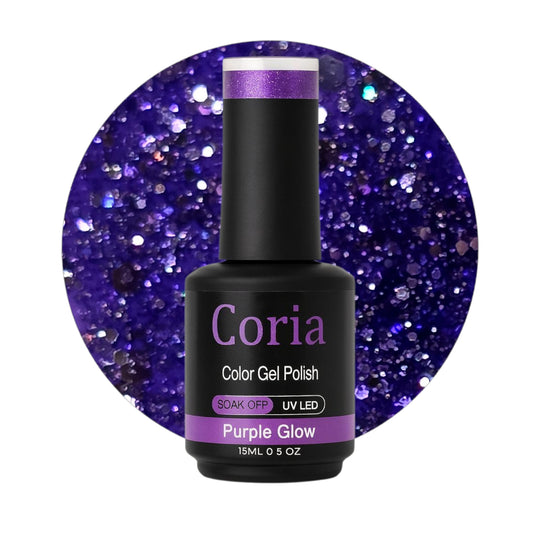 Ojă semipermanentă Coria Purple Glow 165 – violet cu paiete, flacon 15 ml
