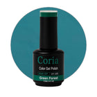 Ojă semipermanentă Coria Green Forest 11, flacon 15 ml pe fundal verde-turcoaz