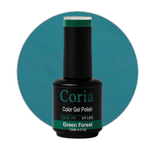Ojă semipermanentă Coria Green Forest 11, flacon 15 ml pe fundal verde-turcoaz