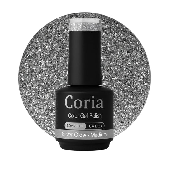 Ojă semipermanentă Coria Silver Glow 74 – argintiu cu sclipici, flacon 15 ml