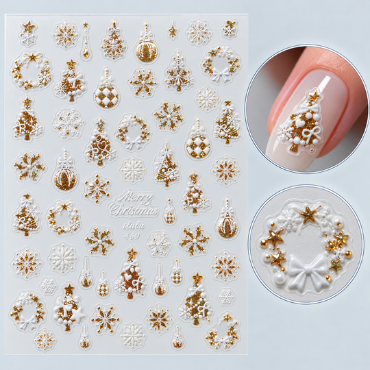 Sticker nail art 469 Snow – coronițe, fulgi și brazi aurii, cu exemplu