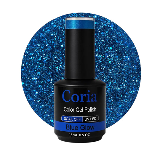 Ojă semipermanentă Coria Blue Glow 23 – albastru sclipitor, flacon 15 ml