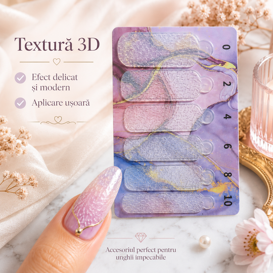Forme din silicon pentru unghii cu textură 3D, pe card, cu exemplu pe unghie