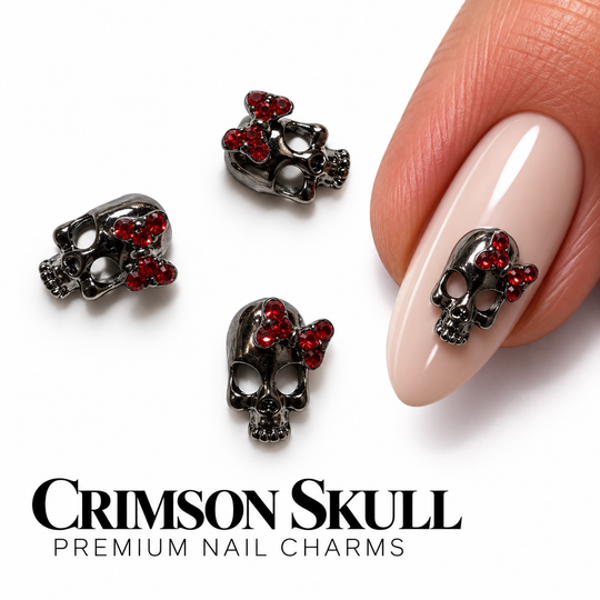 Nail Art Crimson Skull – cranii cu fundă roșie, cu exemplu pe unghie