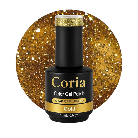 Ojă semipermanentă Coria Gold 150 – auriu cu sclipici, flacon 15 ml