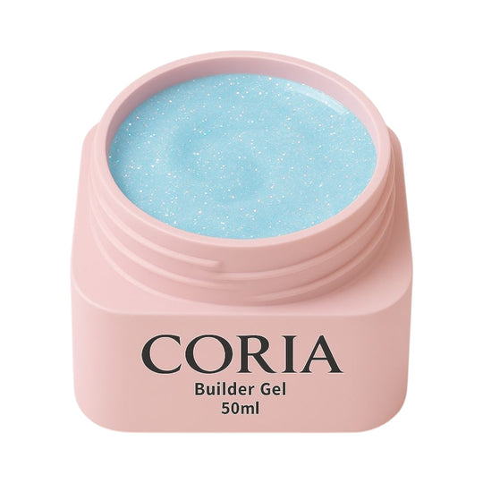Builder Gel Stellar Shine 049 – borcan Coria roz cu gel bleu sclipitor
