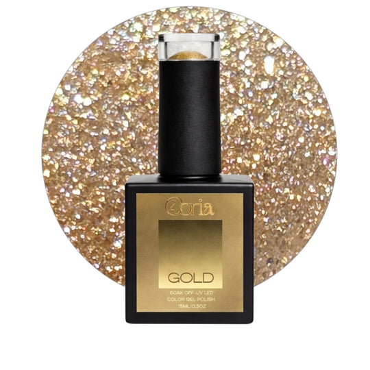 Ojă semipermanentă Coria Gold Nr. 13, flacon 15 ml pe fundal auriu sclipitor