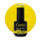 Ojă semipermanentă Coria Yellow Vibes 08, flacon 15 ml pe fundal galben sclipitor