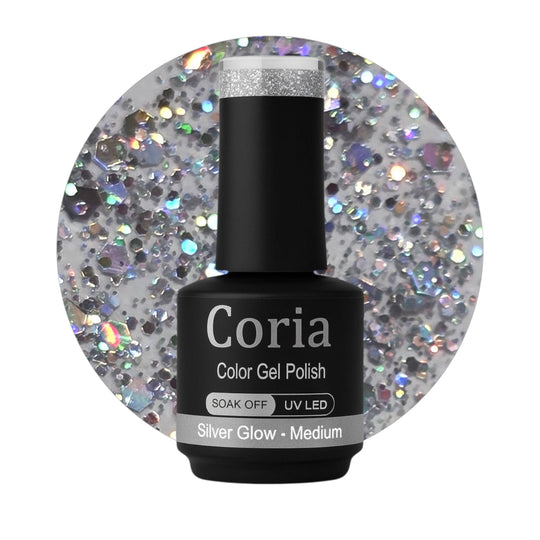 Ojă semipermanentă Coria Silver Glow 38 – argintiu cu paiete, flacon 15 ml