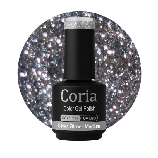 Ojă semipermanentă Coria Silver Glow 02 – argintiu cu sclipici, flacon 15 ml