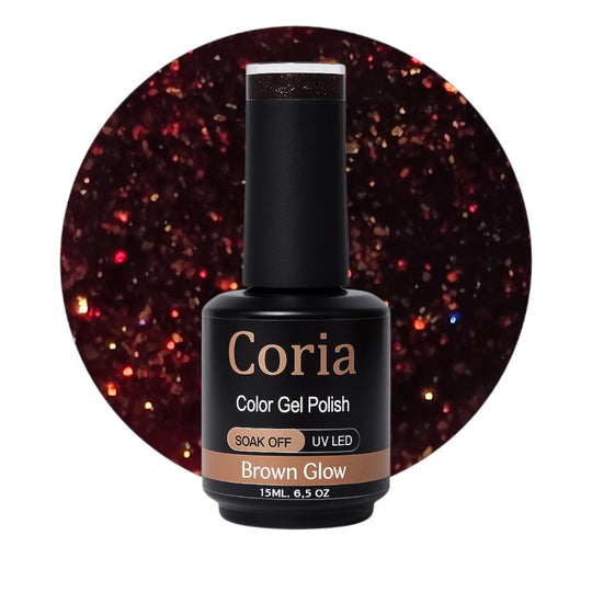 Ojă semipermanentă Coria Brown Glow 06 – maro-vișiniu cu sclipici, flacon 15 ml