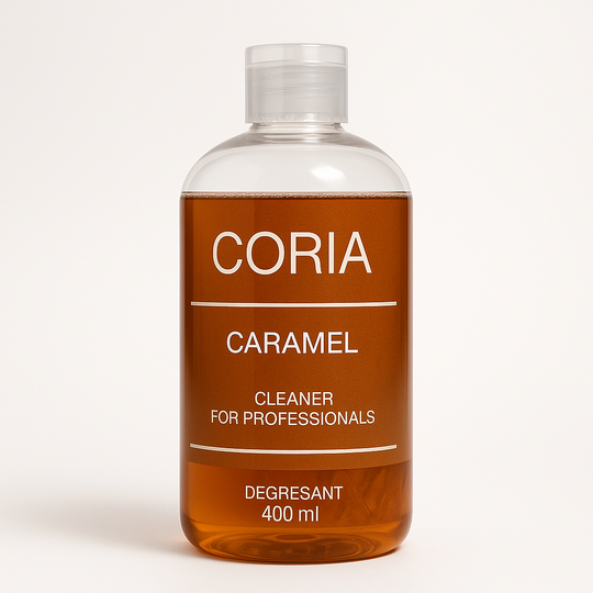 Cleaner Coria Caramel 400 ml – flacon transparent cu lichid chihlimbar