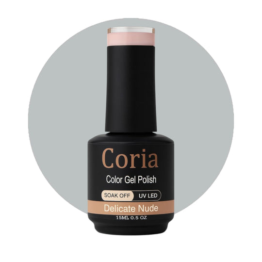 Ojă semipermanentă Coria Delicate Nude 48, flacon 15 ml pe fundal gri