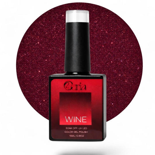 Ojă semipermanentă Coria Wine Nr. 17, flacon 15 ml pe fundal vișiniu sclipitor
