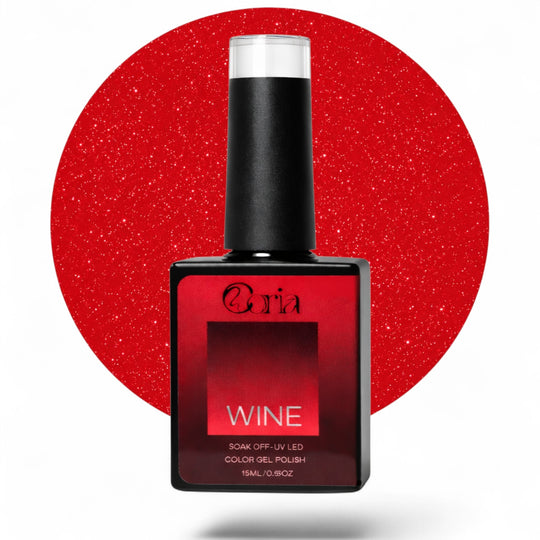 Ojă semipermanentă Coria Wine Nr. 19, flacon 15 ml pe fundal roșu sclipitor