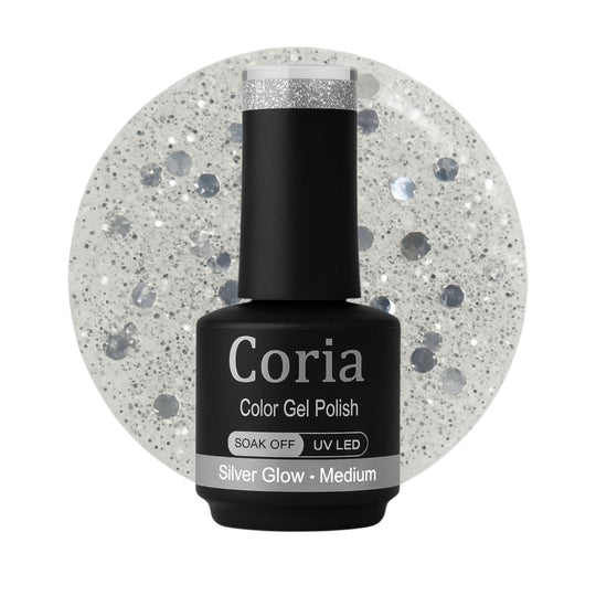 Ojă semipermanentă Coria Silver Glow 120 – transparent cu paiete argintii, flacon 15 ml