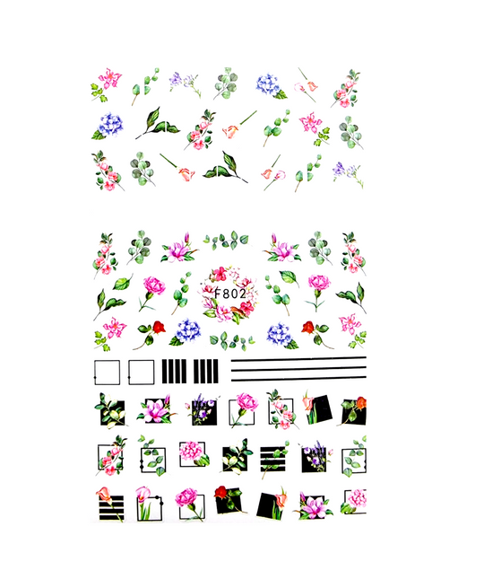 Sticker decor unghii Coria 802 V – flori roz și elemente geometrice