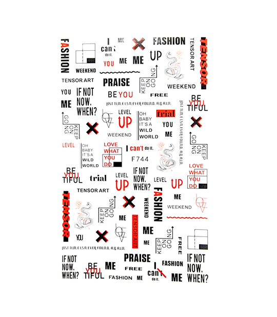 Sticker decor unghii Coria 744 V – inscripții și simboluri negre și roșii