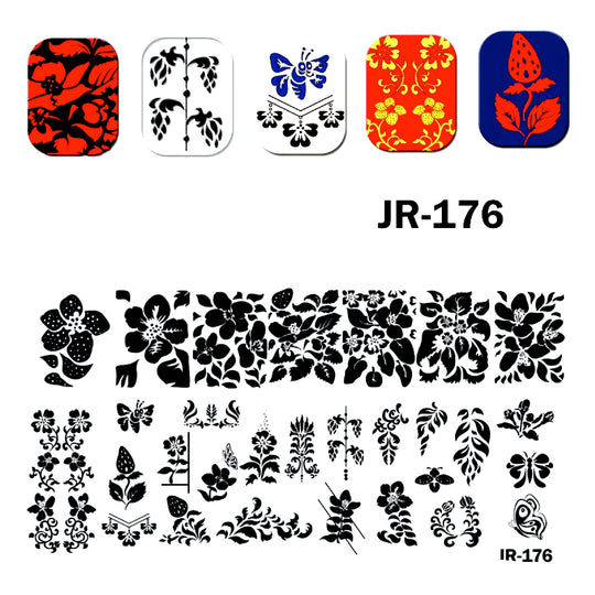 Matriță decor unghii JR 176 – flori, frunze și fluturi, cu exemple pe unghii