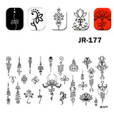 Matriță decor unghii JR 177 – ornamente și flori de lotus, cu exemple pe unghii