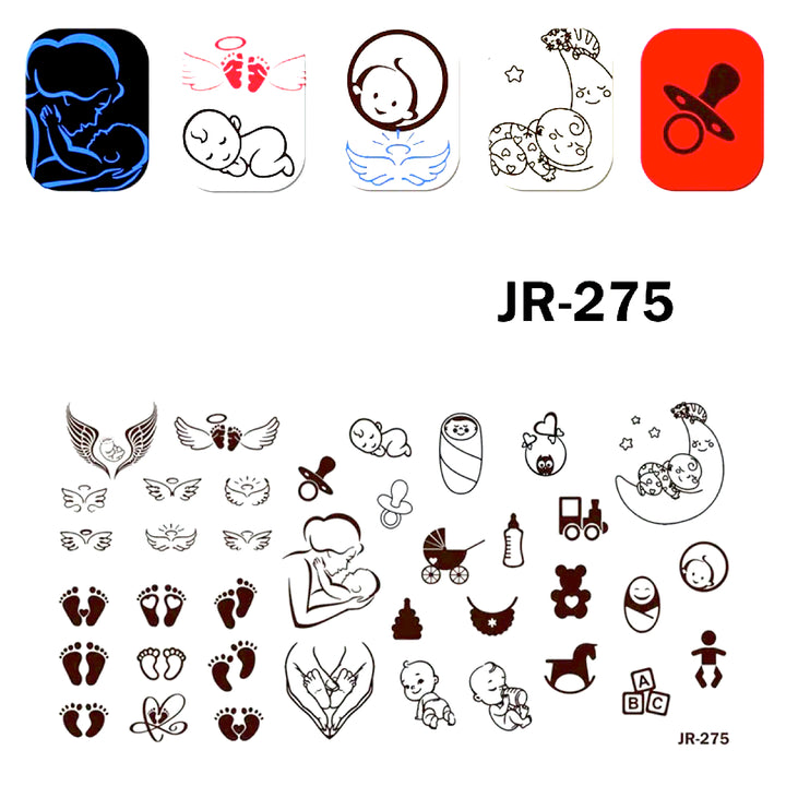 Matriță decor unghii JR 275 – modele cu bebeluși, aripi și urme de pași
