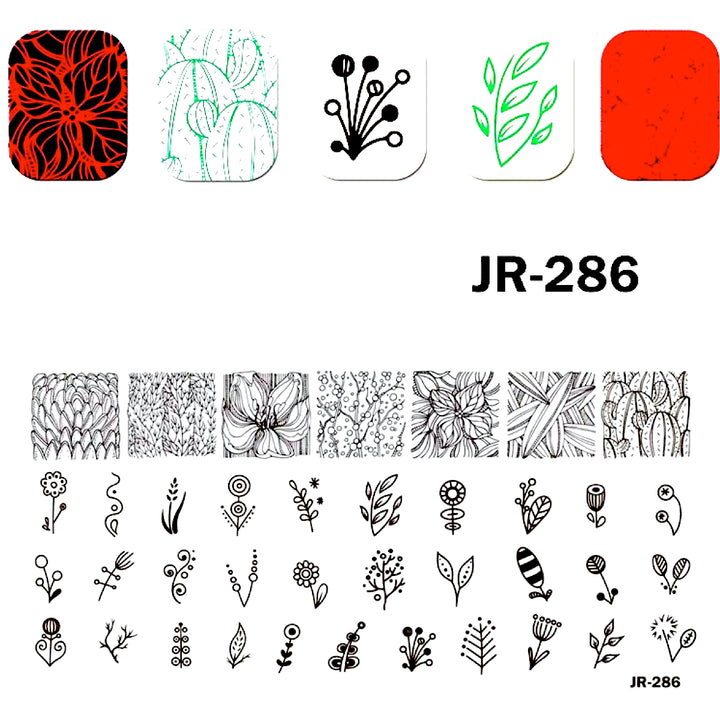 Matriță decor unghii JR 286 – flori, frunze și plante, cu exemple pe unghii