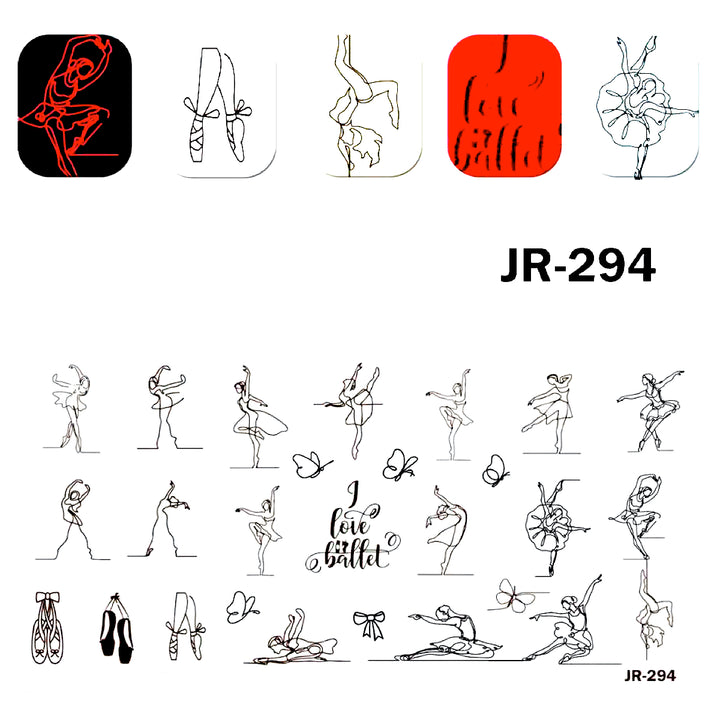 Matriță decor unghii JR 294 – balerine și poante, cu exemple pe unghii