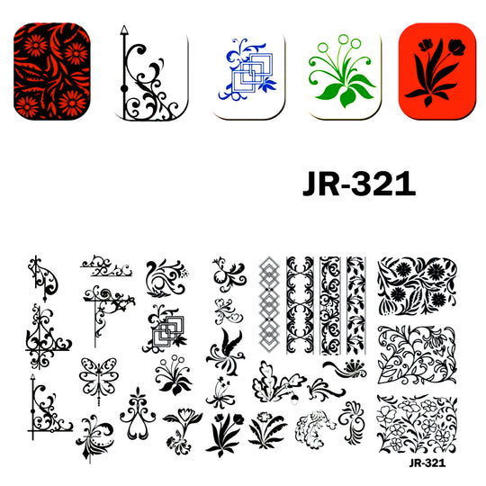 Matriță decor unghii JR 321 – ornamente și flori, cu exemple pe unghii