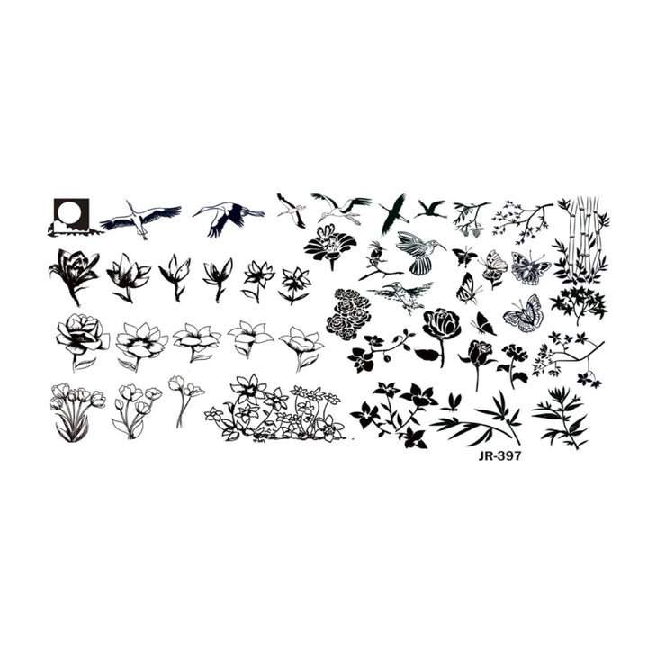 Matriță decor unghii JR 397 – flori, păsări și ramuri