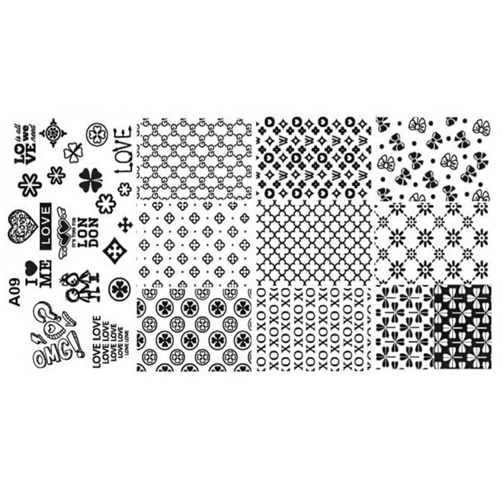 Matriță decor unghii A09 – inimioare, mesaje și modele monogramă
