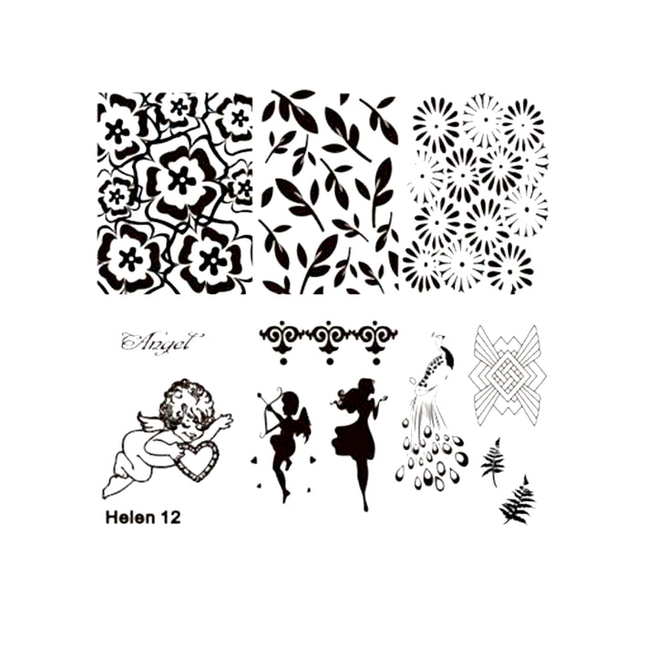 Matriță decor unghii H 12 – îngeri, flori, frunze și pene de păun