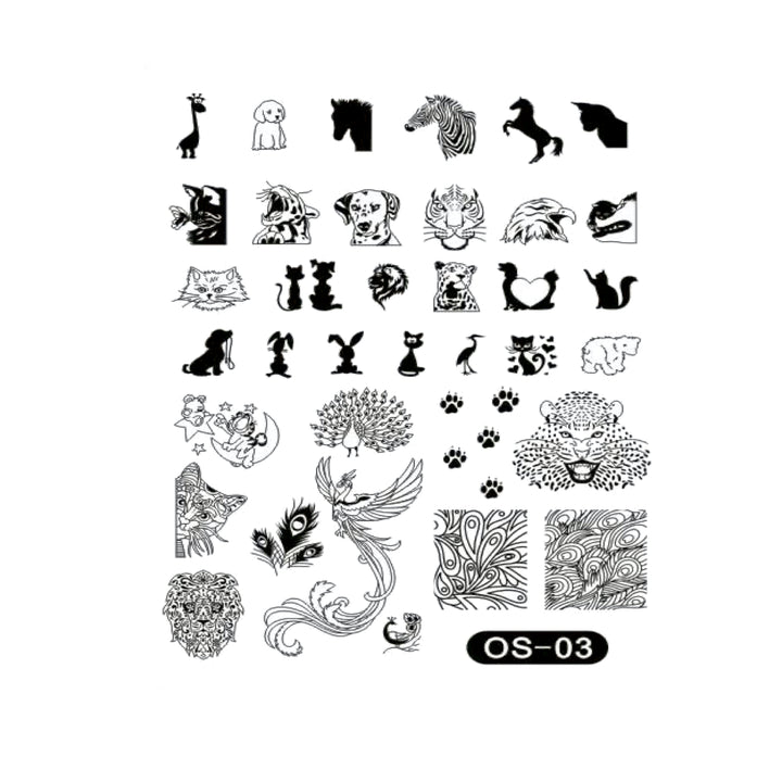 Matriță decor unghii OS-03 – animale, pene și modele