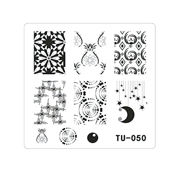Matriță decor unghii TU-050 – modele florale, stele și lună