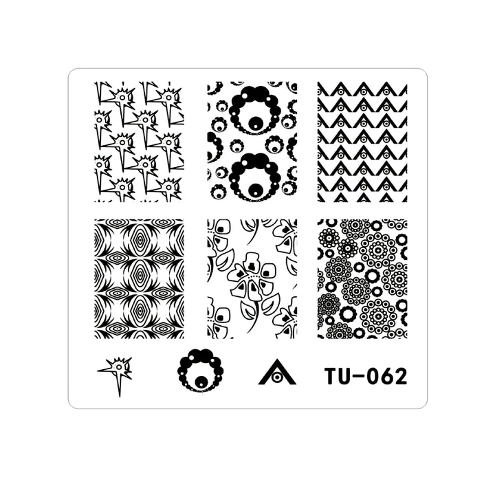 Matriță decor unghii TU-062 – flori, spirale și modele geometrice